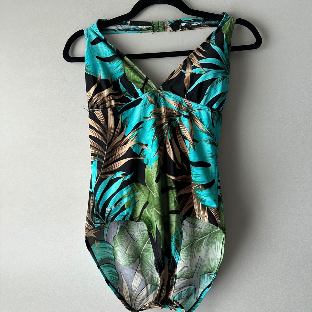 Vintage Speedo Tropical Leaf Print One Piece Swimsuit Halter Neck Size 12 Y2K
